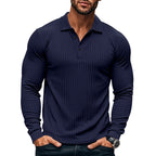 Herren nan eng anliegendes geripptes Langarm-Poloshirt mit Kentkragen und kurzer Knopfleiste R&B