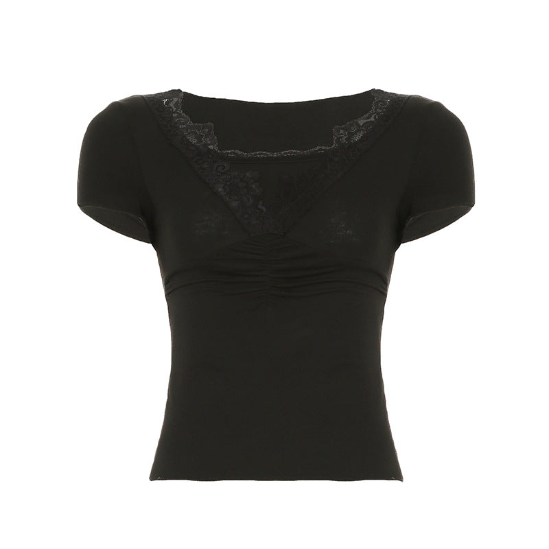 Damen elegantes Oberteil mit feinem Spitzenbesatz und Raffung R&B