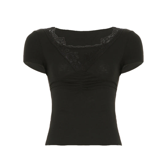 Damen elegantes Oberteil mit feinem Spitzenbesatz und Raffung R&B