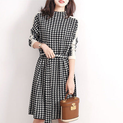 Damen elegantes Kleid mit modernem Hahnentrittmuster und Gürtel R&B