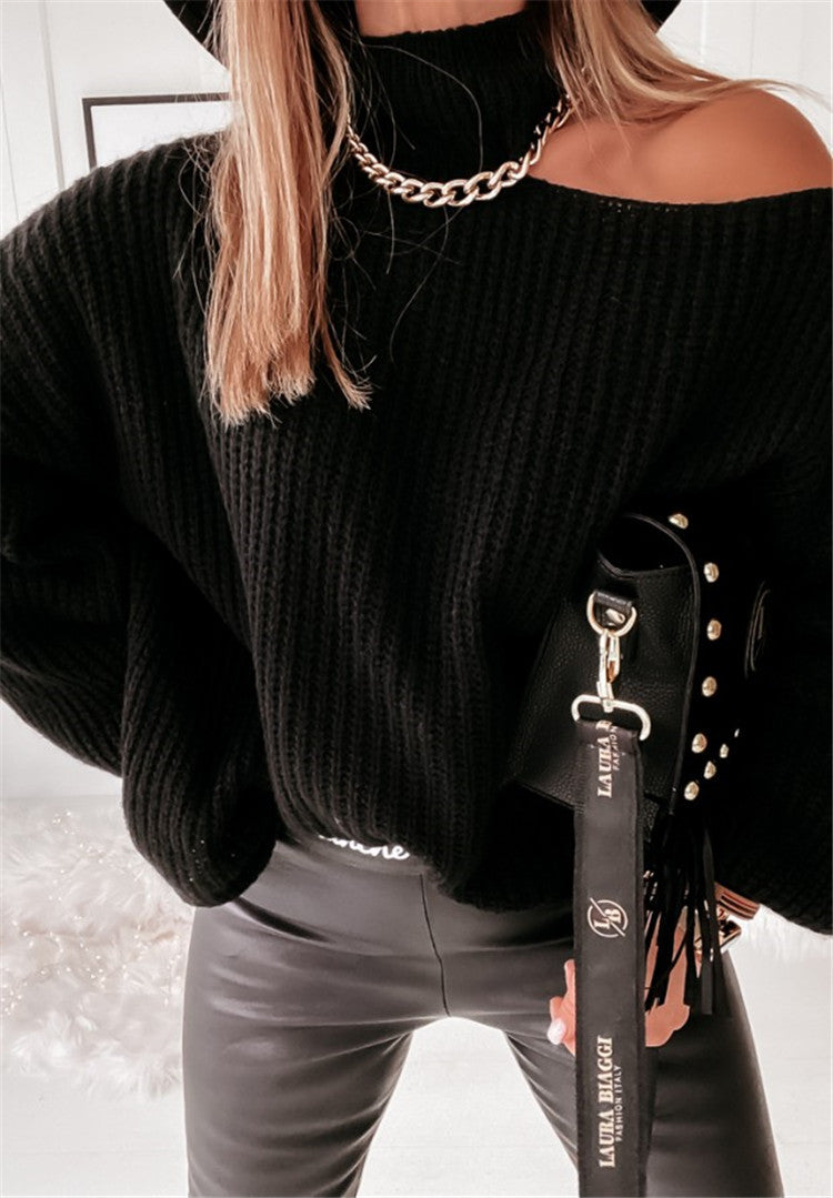 Damen lässiger Strickpullover mit asymmetrischem Schulterdesign und hohem Kragen R&B