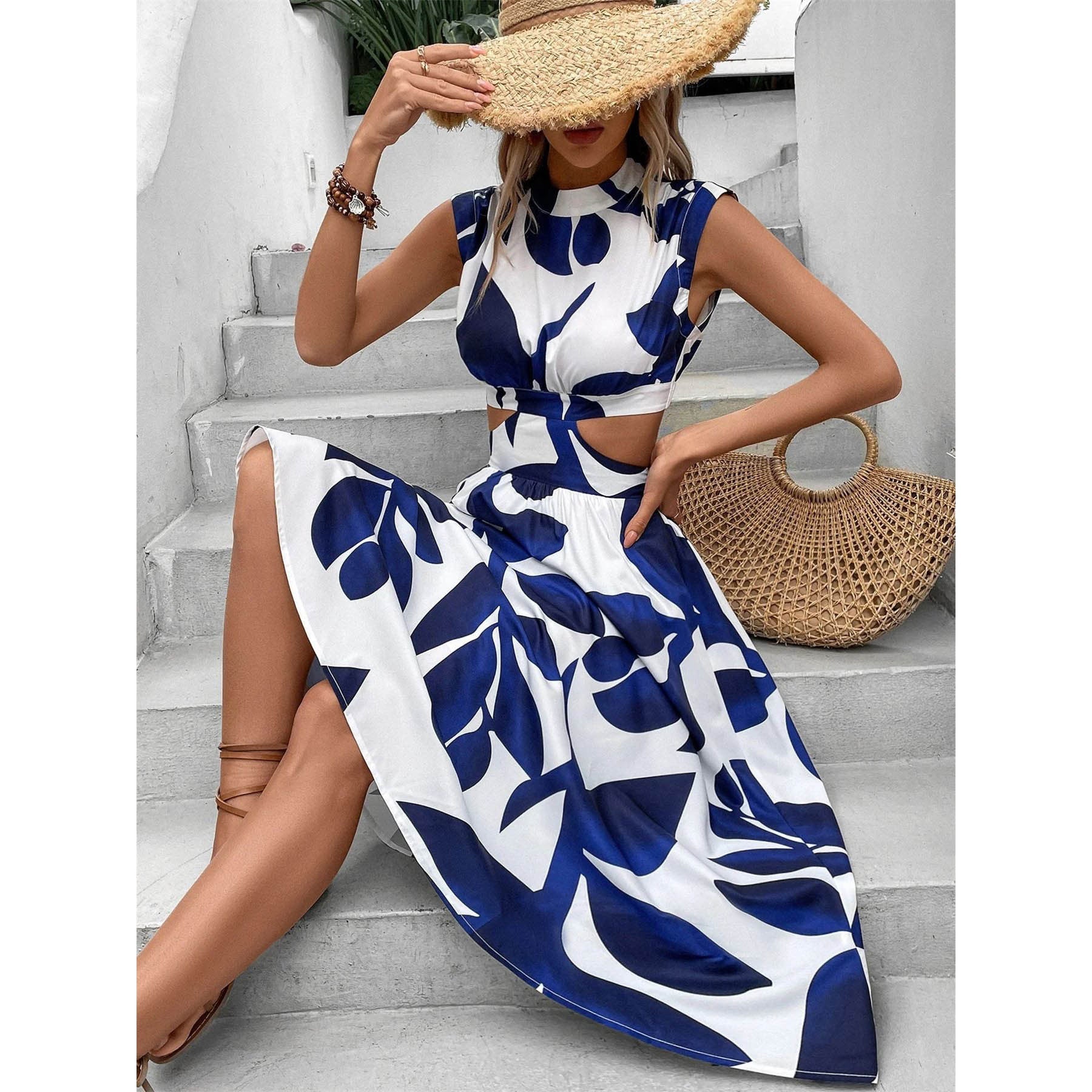 Damen Maxikleid mit Blätterdesign und Cut-Out-Details R&B