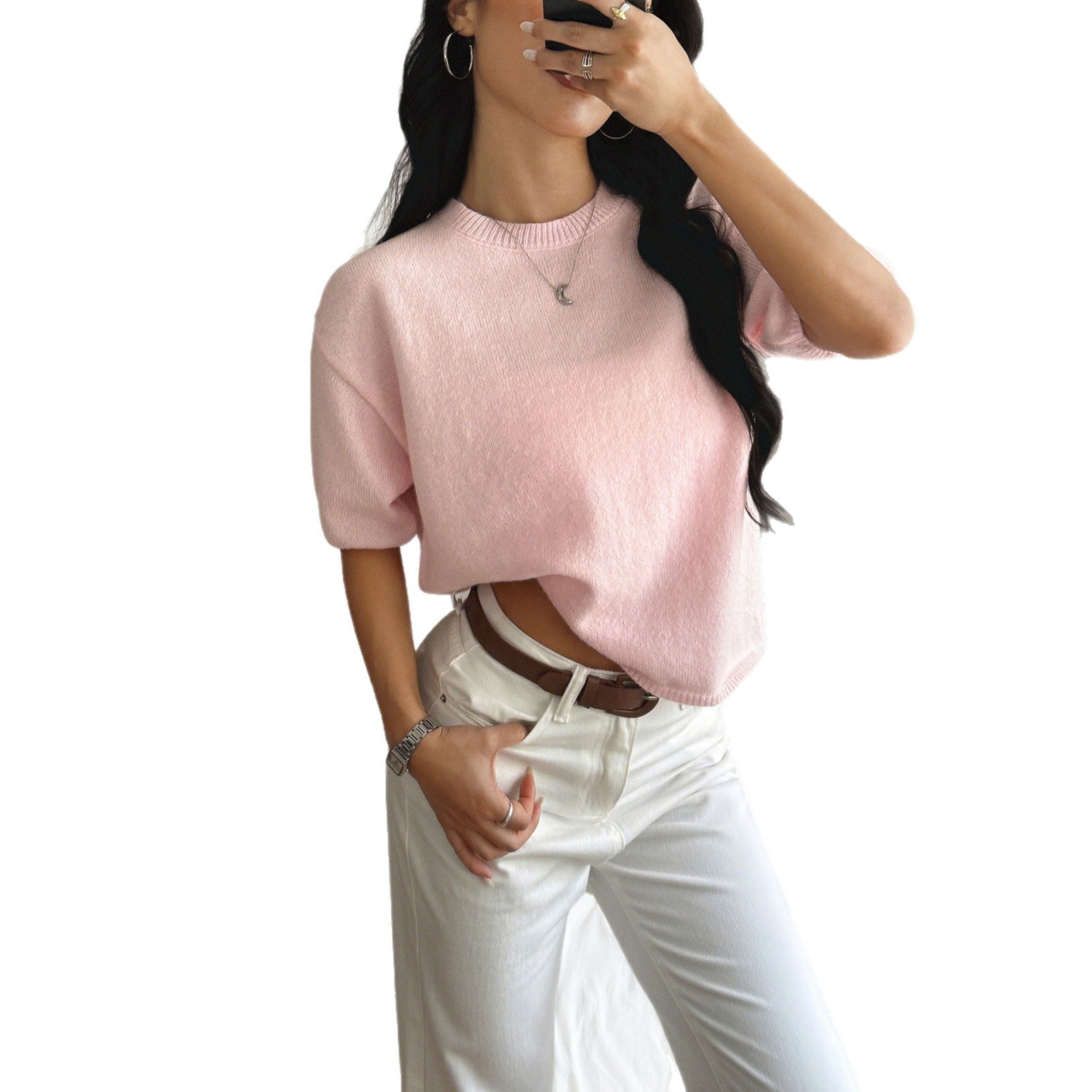 Damen kurzärmeliges Strickoberteil mit lässigem Schnitt R&B