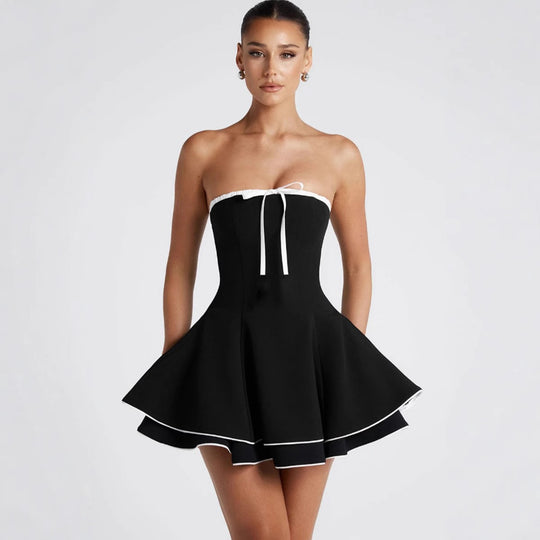 Damen Strapless Freizeitkleid mit voluminösem Schnitt und dekorativem Bindeband R&B