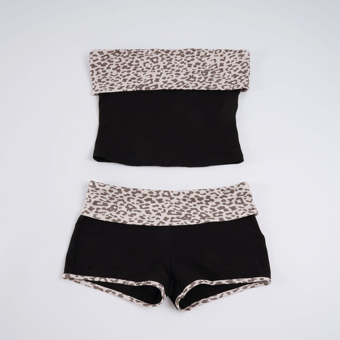 Damen Bandeau-Bikini-Set mit modischem Leopardenmuster und bequemen Shorts R&B