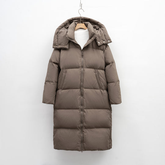 Damen Langer volumenreicher Daunenmantel mit abnehmbarer Kapuze und seitlichen Taschen R&B