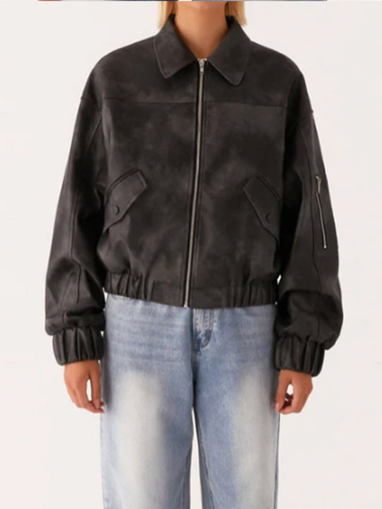 Damen lässige Kunstlederjacke mit voluminösen Ärmeln R&B