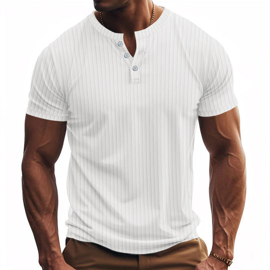Herren Kurzarm Henley-Shirt mit Streifenmuster und praktischen Knöpfen R&B