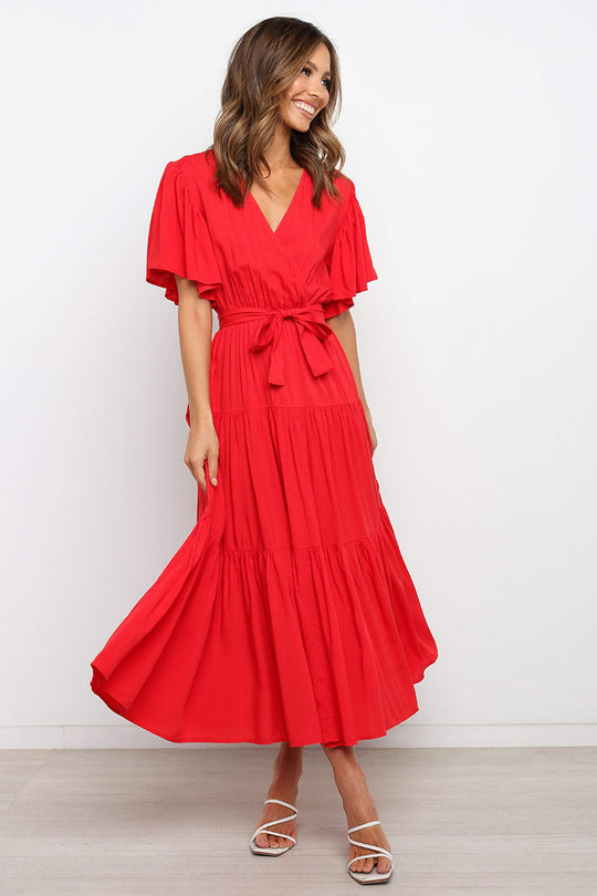 Damen Maxikleid mit tiefem V-Ausschnitt und schwingenden Ärmeln R&B