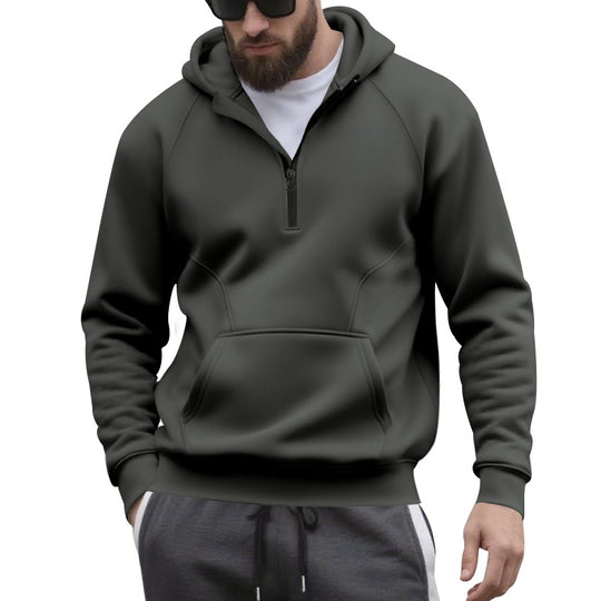 Herren nan Halbzip-Kapuzenpullover im minimalistischen Softshell-Look mit Kängurutasche und Raglanärmeln R&B