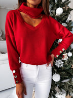 Damen Glamouröser Strickpullover mit angeschnittenem Rollkragen und schicken Knopfdetails R&B