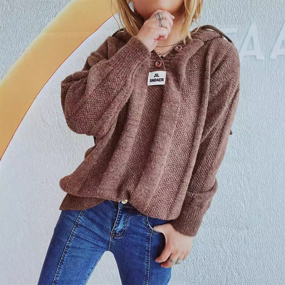 Damen lockerer Strickpullover mit Kapuze und dekorativen Knöpfen R&B