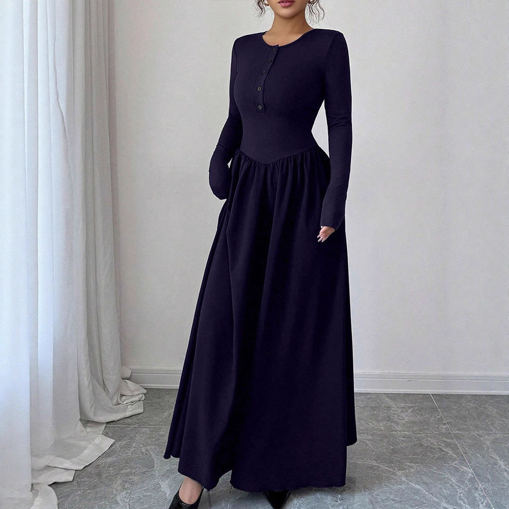 Damen Maxikleid mit eleganten Knopfdetails und fließendem Rockteil R&B
