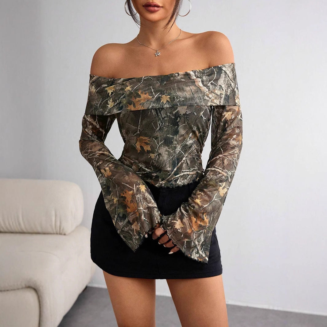Damen nan schulterfreies Langarm-Top mit Camouflage-Blattmuster und ausgestellten Ärmeln R&B