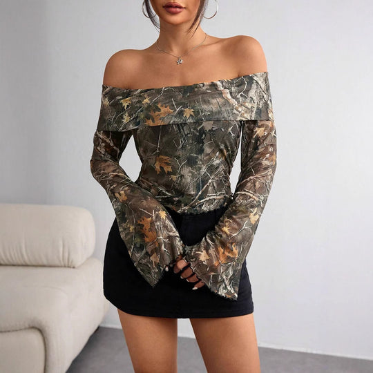 Damen nan schulterfreies Langarm-Top mit Camouflage-Blattmuster und ausgestellten Ärmeln R&B