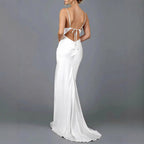 Damen Elegantes Satin-Hochzeitskleid mit tiefem V-Ausschnitt und schmalen Spaghettiträgern EB