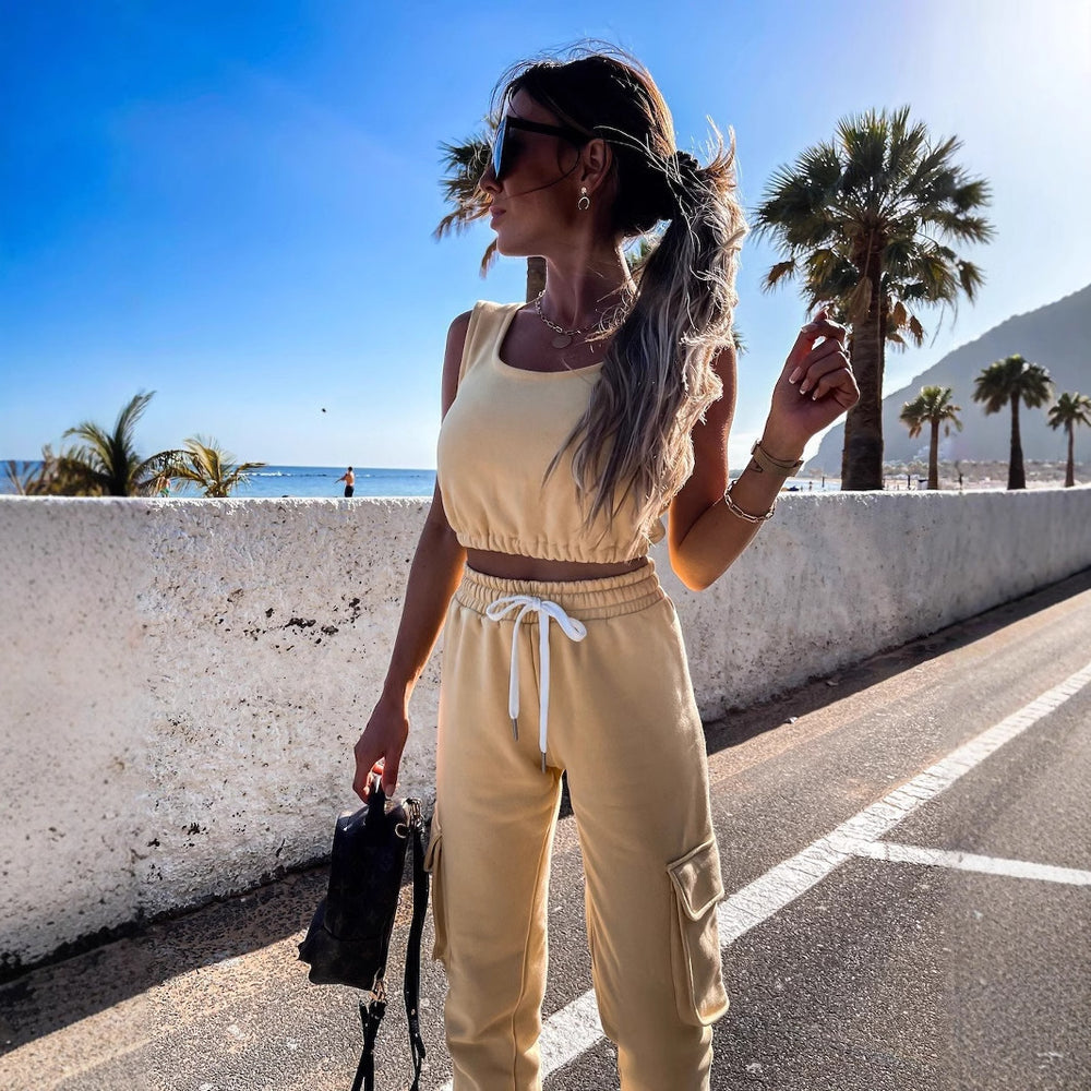 Damen lässiges Crop-Top und Jogginghose-Set mit verstellbarem Kordelzug R&B