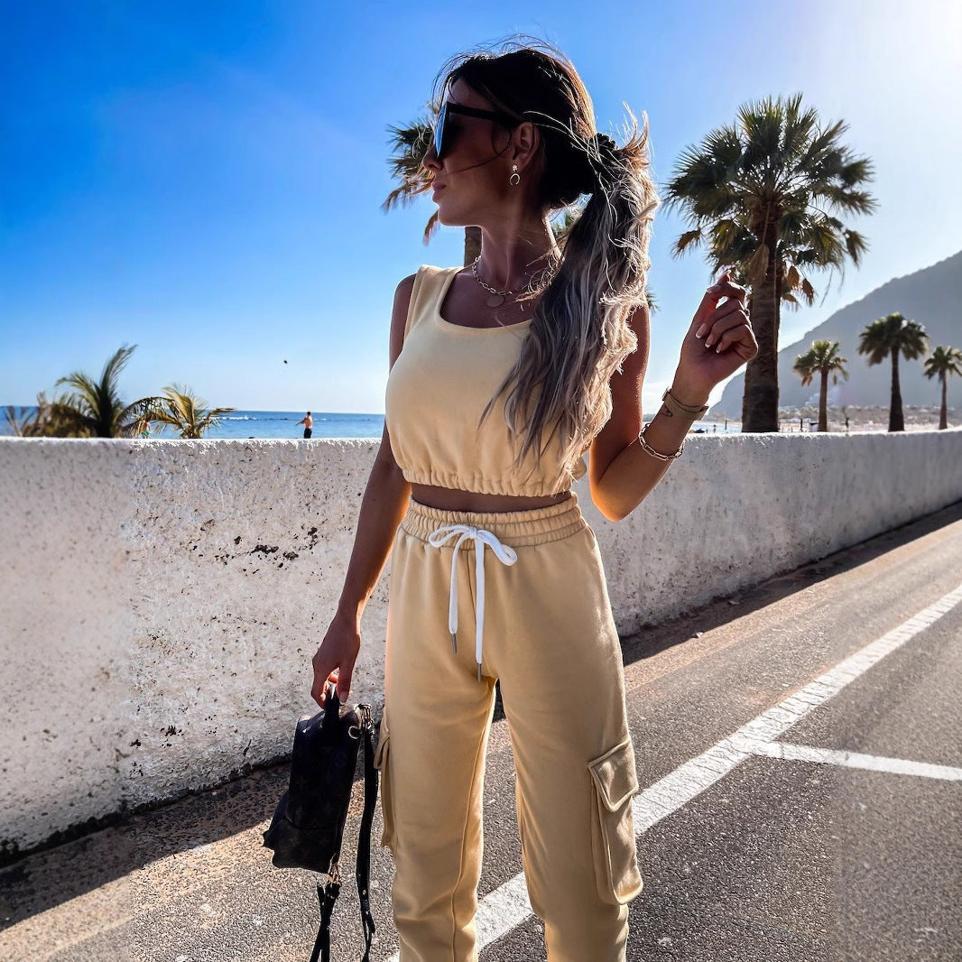 Damen lässiges Crop-Top und Jogginghose-Set mit verstellbarem Kordelzug R&B
