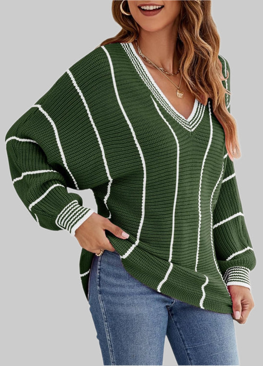 Damen Strickpullover mit V-Ausschnitt und lässigem Streifenmuster R&B