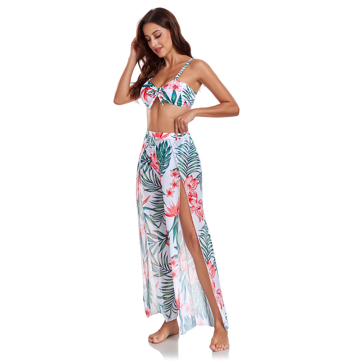 Damen Bikini-Set mit floralem Zufallsmuster und passendem Wickelrock R&B