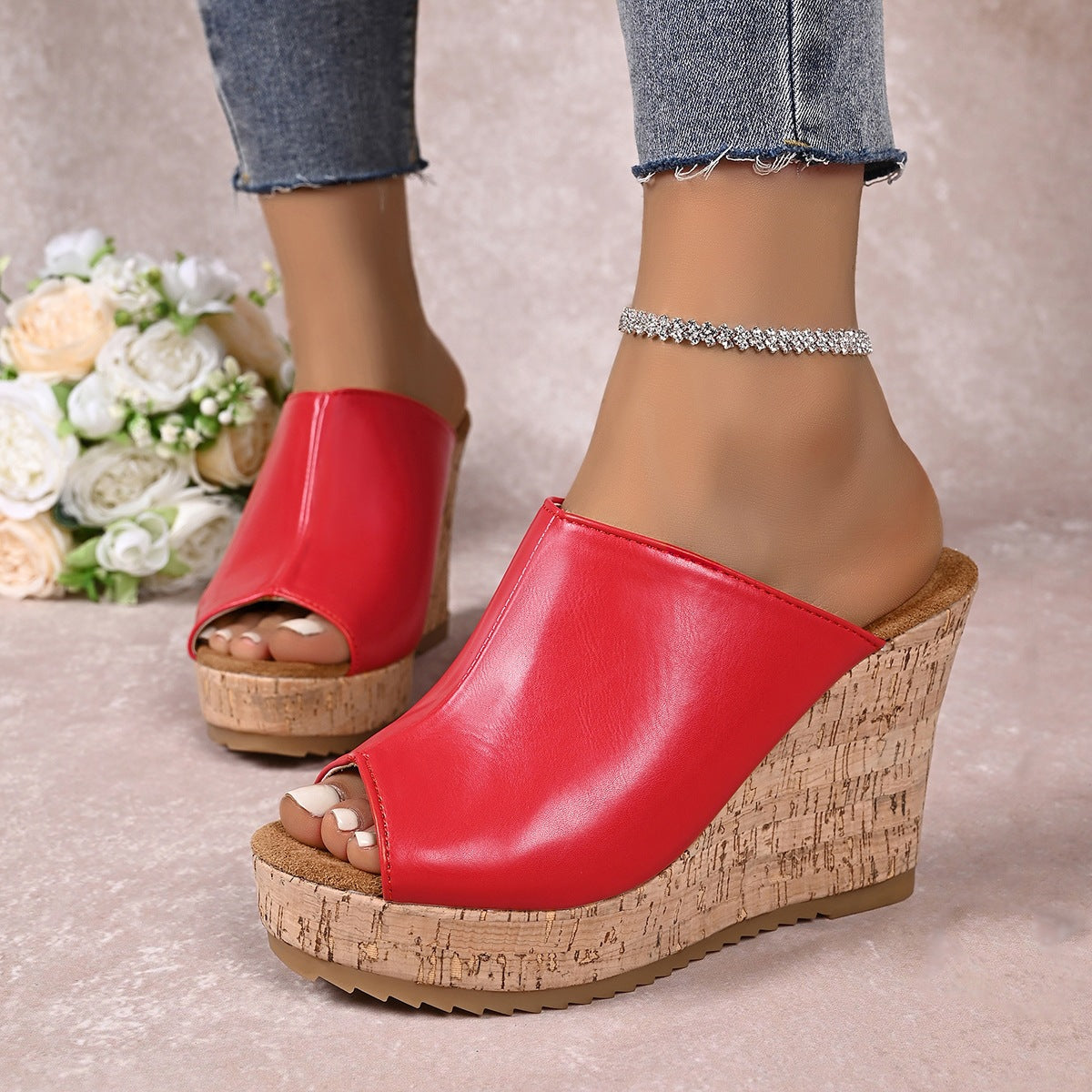 Damen Wedge-Pantoletten mit elegantem Korkfußbett und offener Zehenpartie