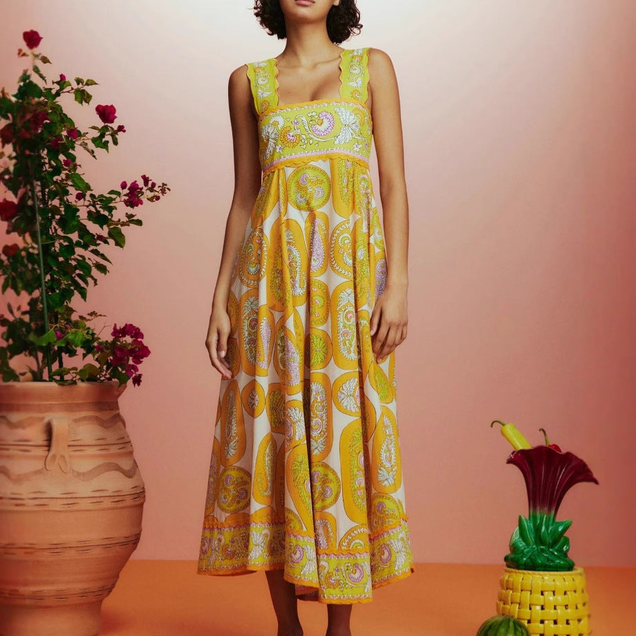 Damen Maxikleid mit verspieltem Paisley-Design und schmalem Taillengürtel