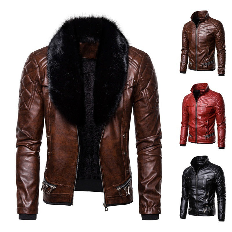Herren Kunstlederjacke mit abnehmbarem Fellkragen und gesprenkelter Oberflächenstruktur R&B