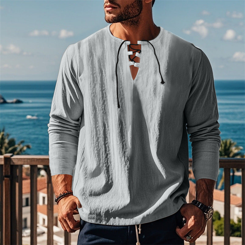 Herren modisches Langarmshirt mit Schnürung und V-Ausschnitt R&B