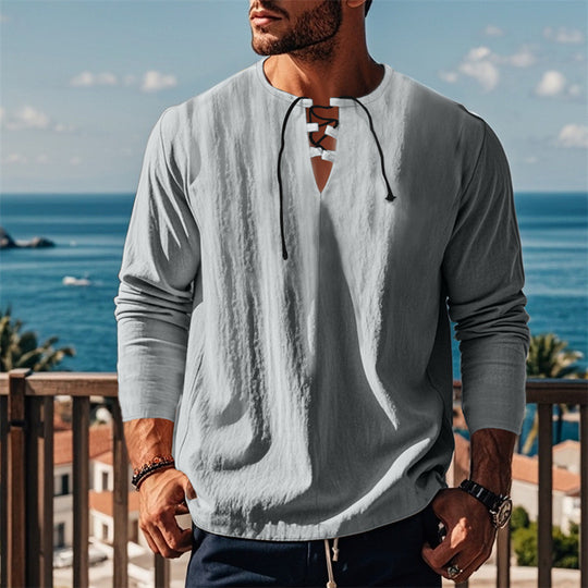 Herren modisches Langarmshirt mit Schnürung und V-Ausschnitt R&B