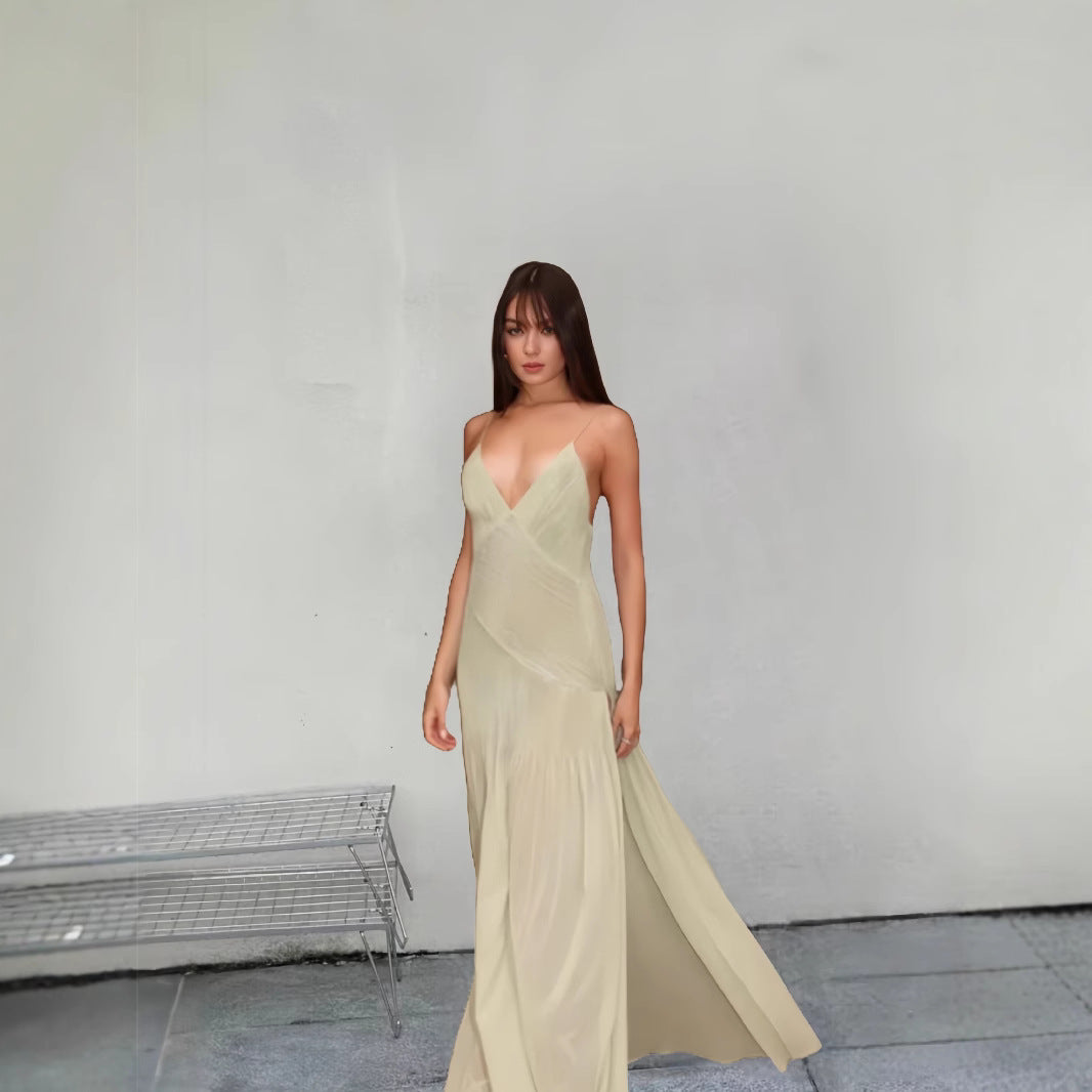 Damen Fließendes Maxikleid mit elegantem V-Ausschnitt und schwingendem Saum R&B