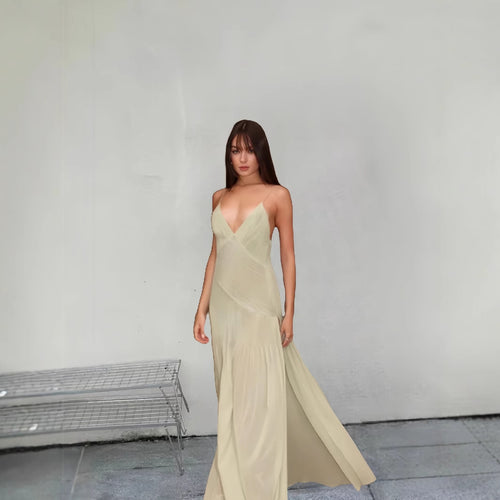 Damen Fließendes Maxikleid mit elegantem V-Ausschnitt und schwingendem Saum R&B