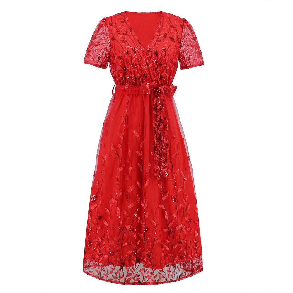R&B | Kurzärmliges Kreuz V-Ausschnitt Gürtel Midi Kleid