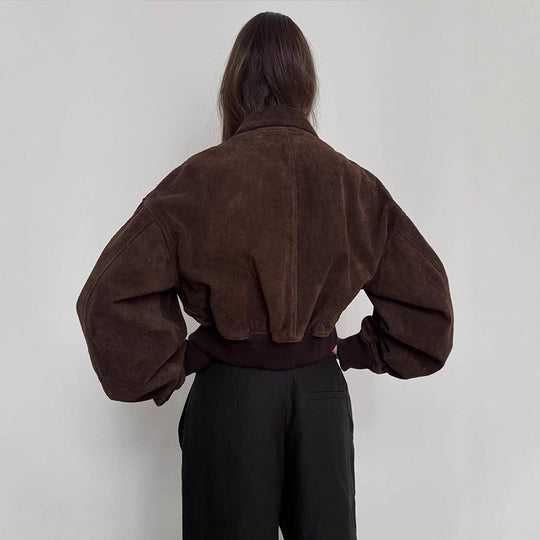 Damen Oversized Wildlederjacke mit gepolsterten Ärmeln R&B