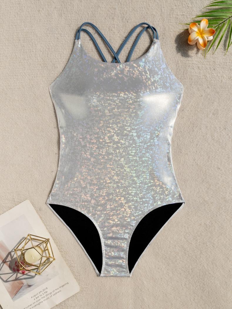 Damen Einteiler Badeanzug mit schimmerndem Netzdesign R&B