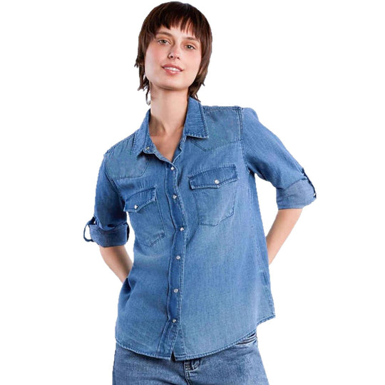 Damen lässige Denim-Bluse mit aufgesetzten Taschen und leicht tailliertem Schnitt R&B