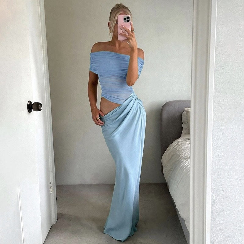 Damen Maxi-Kleid mit transparenten Elementen und Wickel-Detail R&B