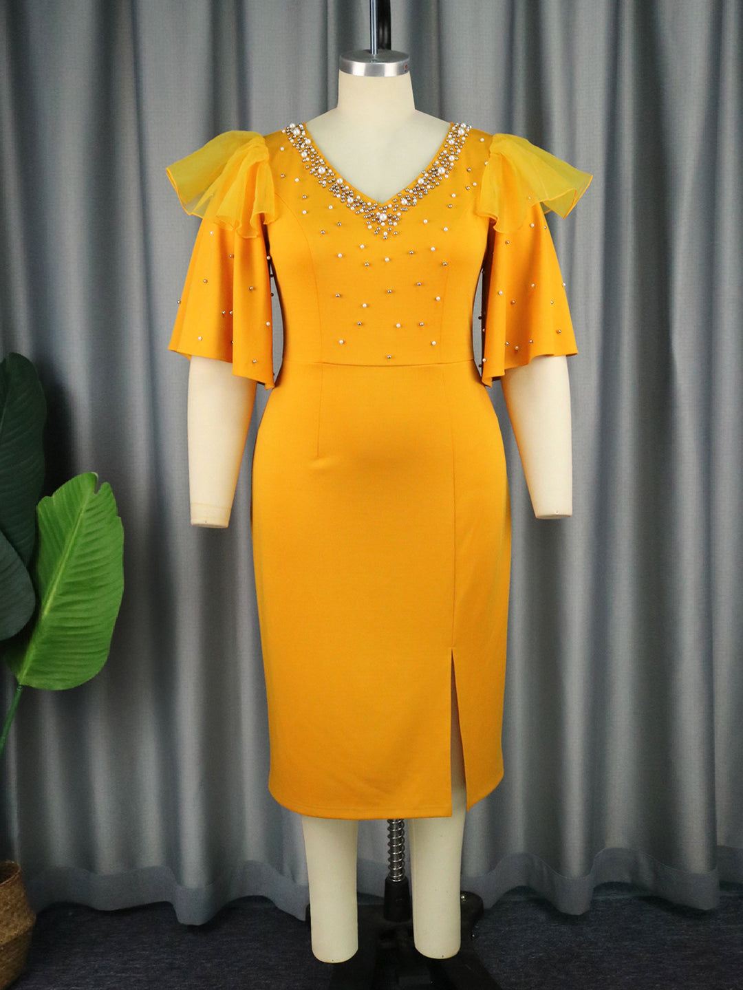 Damen elegantes Schimmerndes Midi-Kleid mit Volantrüsche und Glamourösen Akzenten R&B