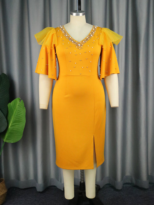Damen elegantes Schimmerndes Midi-Kleid mit Volantrüsche und Glamourösen Akzenten R&B