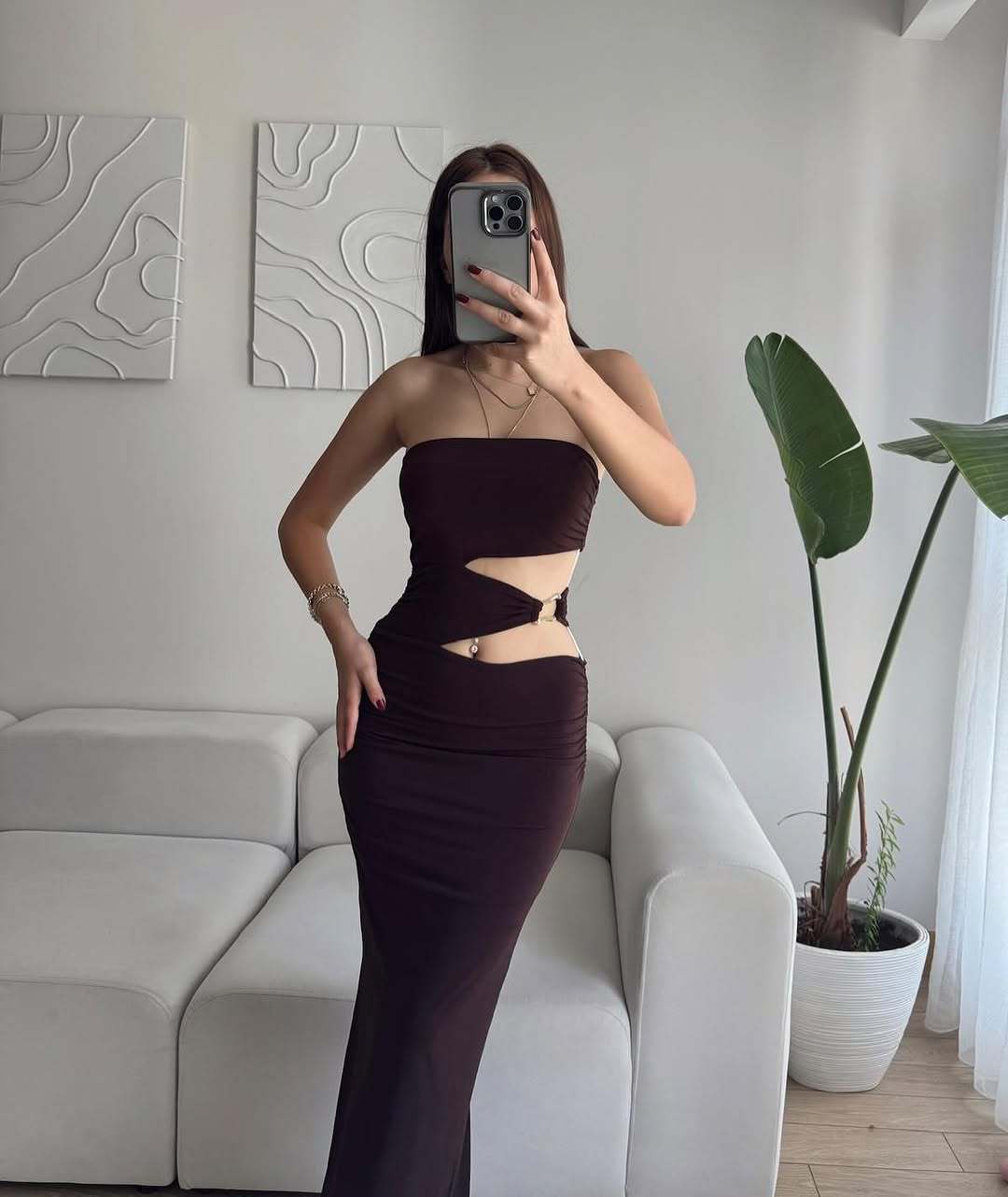 Damen elegantes Bodenkleid mit gerafftem Design und verstellbarem Gürtel R&B