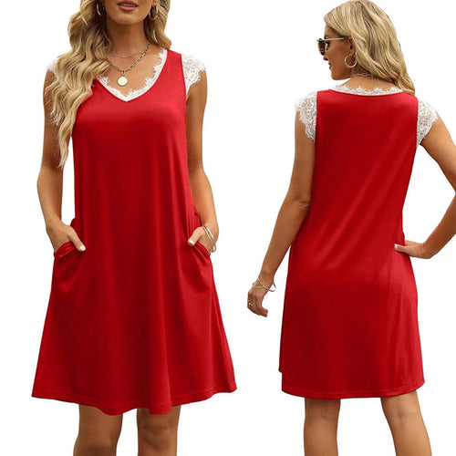 Damen ärmelloses Kleid mit Spitzendetail und seitlichen Taschen R&B