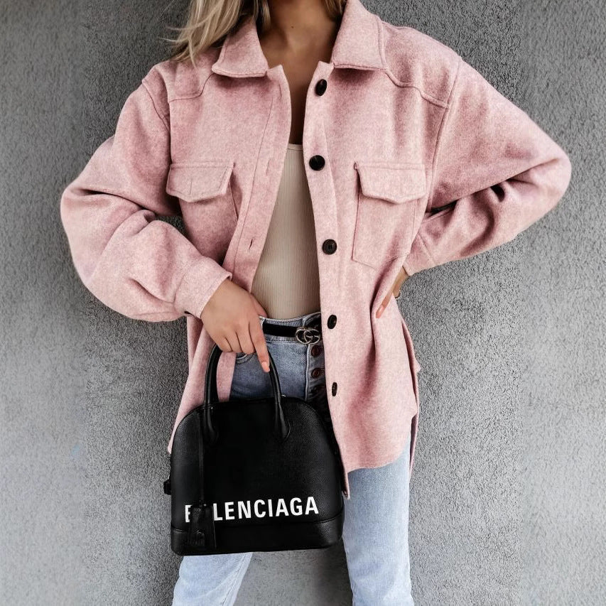 Damen modische Oversized-Jacke mit Gürtel und dekorativen Taschen R&B