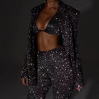 Damen Glitzerndes Anzugset mit Crop-Top und Flared Pants