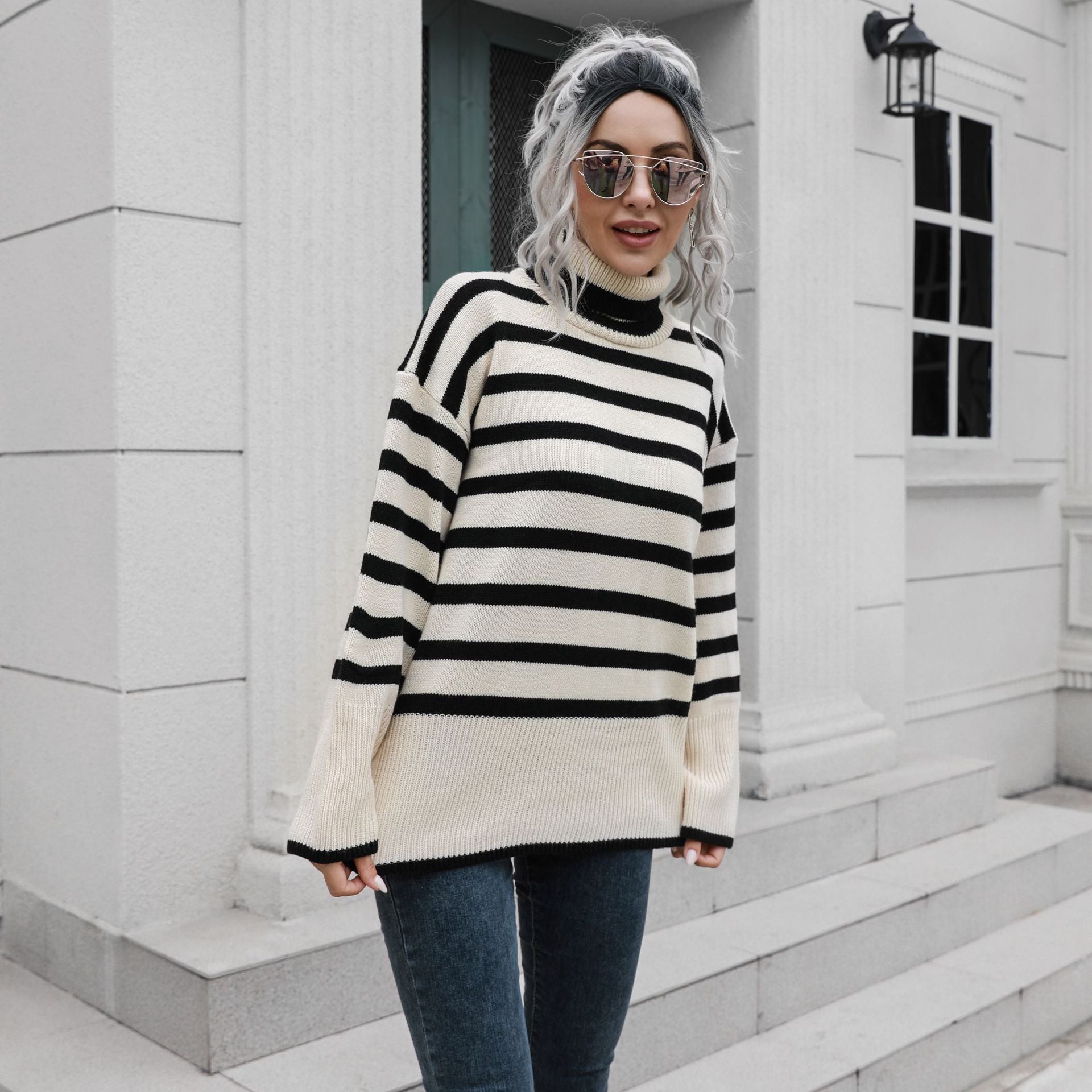 Damen Strickpullover mit hohen Bündchen und lässigem Streifenmuster R&B