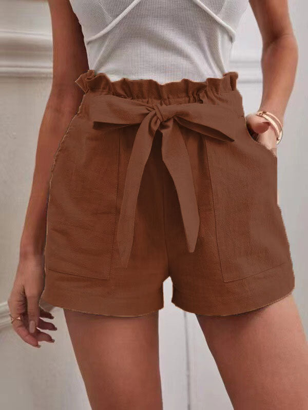 Damen kurze Lockere Leinenhose mit Bindegürtel R&B