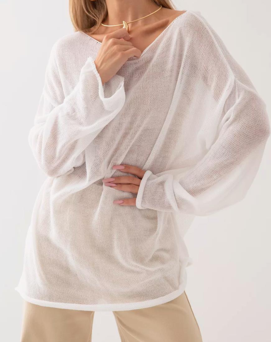 Damen luftiger Oversize-Strickpullover mit weitem Schnitt und transparentem Gewebe R&B