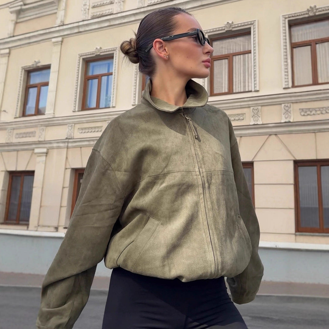 Damen Oversized Suede Jacke mit hohem Kragen und praktischen Taschen R&B