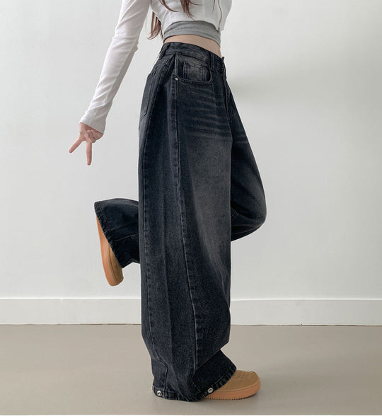 Damen Weite High-Waist Denim-Hose mit Faltenwurf R&B