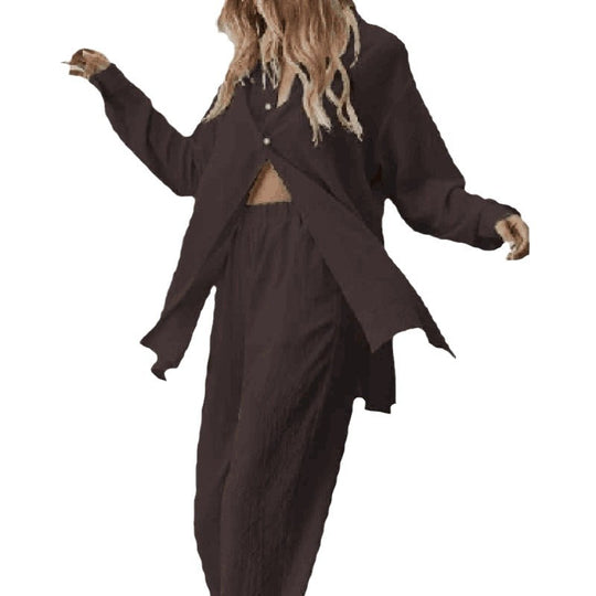 Damen Satin Pyjama Set mit langärmliger Bluse und weiten Hosen R&B