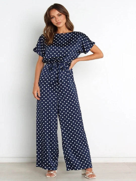 Damen Satin Jumpsuit mit weitem Bein und Taillengürtel R&B