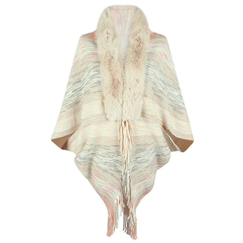 Damen eleganter Poncho mit luxuriösem Kunstfellkragen und fransigem Saum R&B